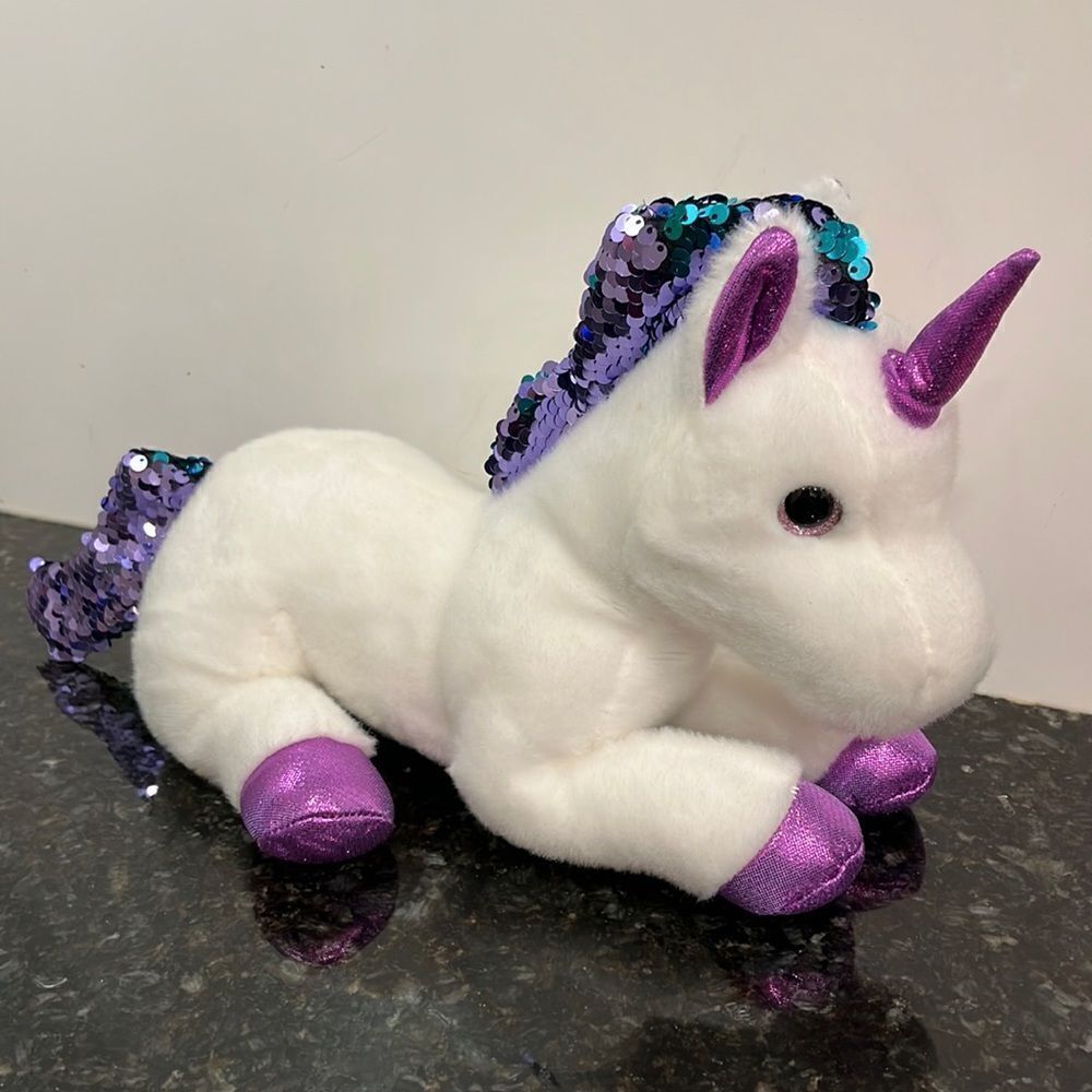 Aurora White Unicorn Stuffed Plush Animal 10" Sequin Mane Tail Glitter Eyes